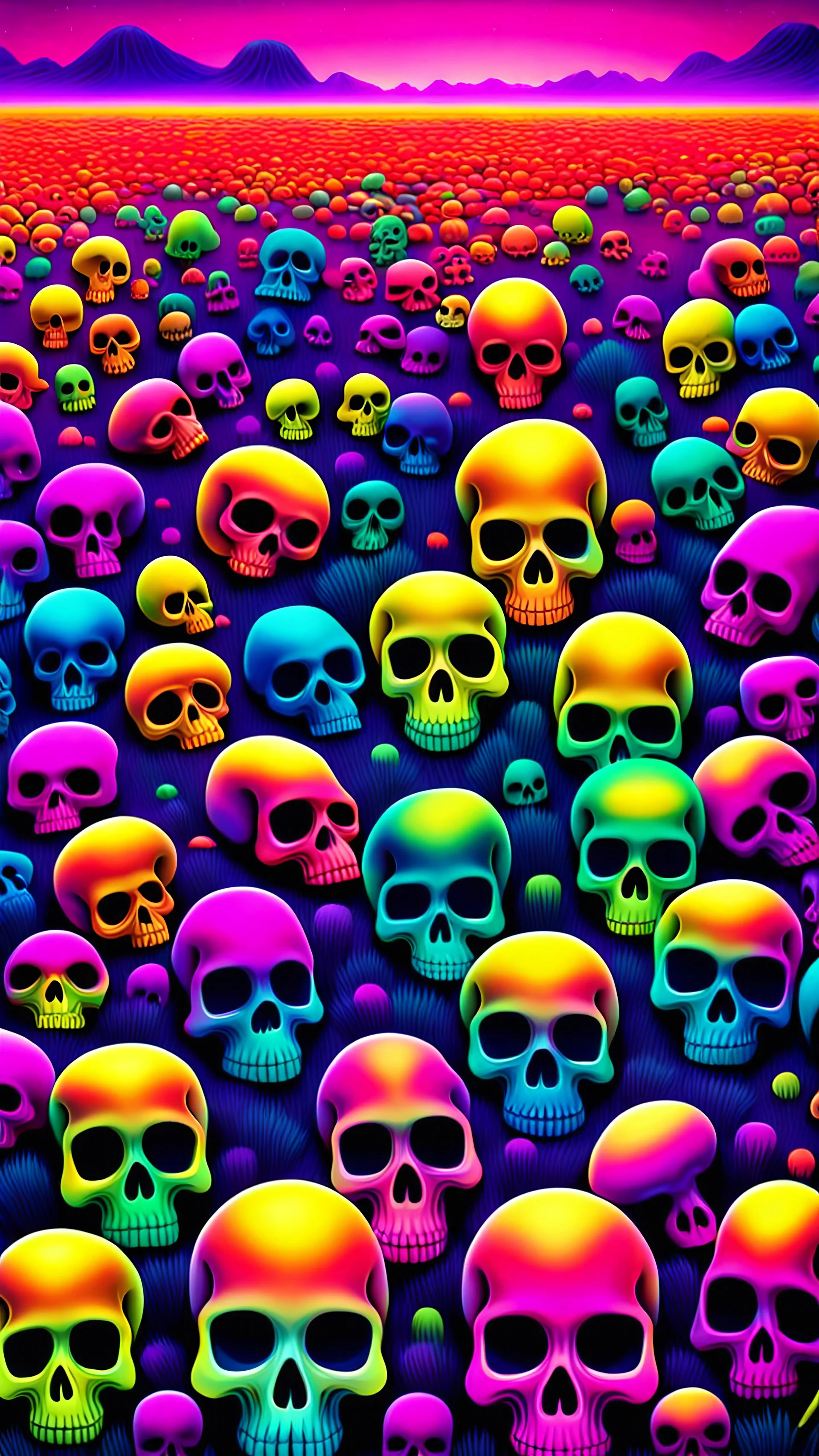 a field of 1000s of psychedelic psilocybin induced anatomically correct, skulls, vivid RANDOM BRIGHT neon colors, dark comedy, well lit, high detail, photorealistic, horrorcore, fun, scary, none featured, each a different color or hue, close to anatomically correct