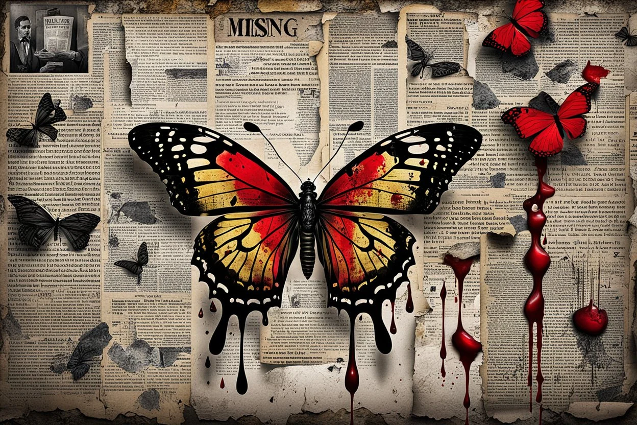 a black velvet butterfly is pinned to an old, dirty wall with a large shiny nail, red blood flows from the butterfly's wings and body, next to it on the wall are old, yellowed, cut-out newspaper articles about missing children, dirty fingerprints and drops of blood on the cracked, old gray-white wall , intricate details, sharp focus, cinematic, surreal, hauntingly beautiful, perfect composition