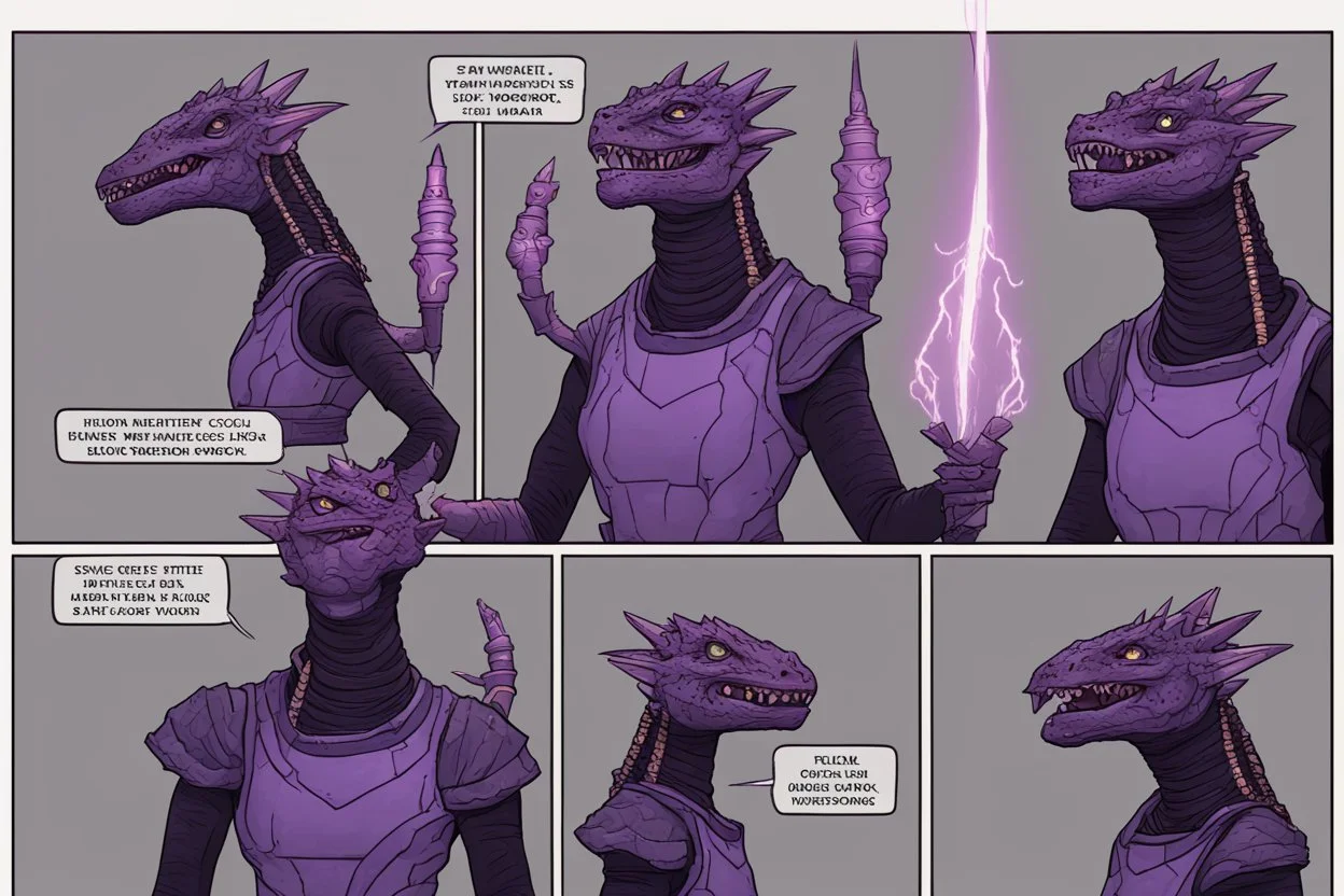 a black and purple female argonian artificer who uses Tesla coils as weapons