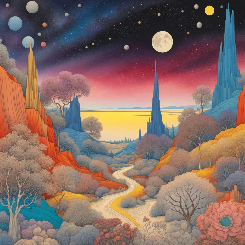 Colourful, peaceful, Max Ernst, Yves Tanguy, night sky filled with galaxies and stars, rock formations, trees, flowers, one-line drawing, sharp focus, 8k, deep 3d field, intricate, ornate, hypermaximalist