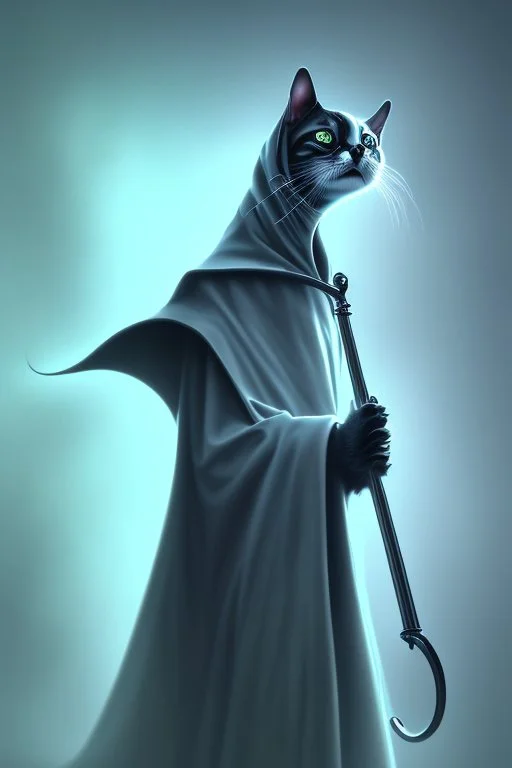 grim reaper cat, 4k, trending art, weird perspective, mirrors, reflection, water, smoke, realism, spray paint, chalk, fine pencil