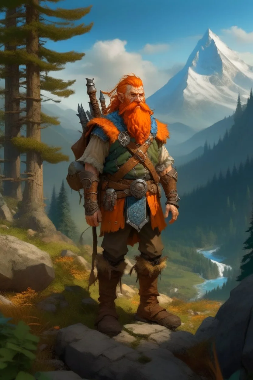 Realistisches Bild von einem DnD Charakters. Männlichen Zwerg mit orangenem Haaren. Er steht im Wald mit Bergen im Hintergrund. Er ist ein Jäger.