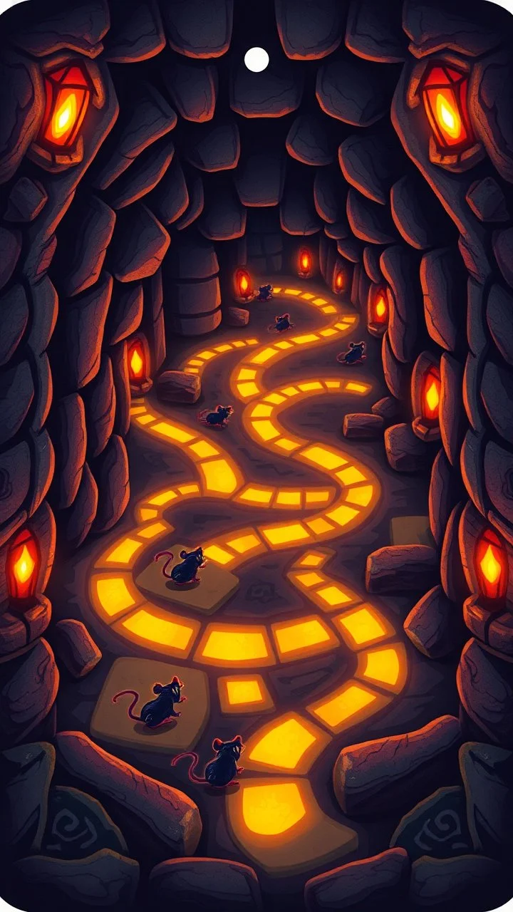 dark "Card back featuring a mystical dungeon maze design with glowing trails, tiny cartoon rats exploring paths, whimsical fantasy vibe, glowing runes, vibrant and colorful, symmetrical layout, polished illustration style."
