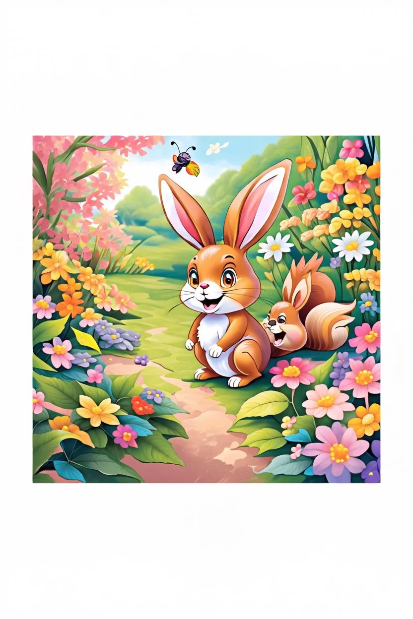 The beautiful butterfly happily sits on a upclose patch of bright green leaves, the bunny and squirrel laughing, colorful garden background , child book illustration style, faces must be the same as reference image