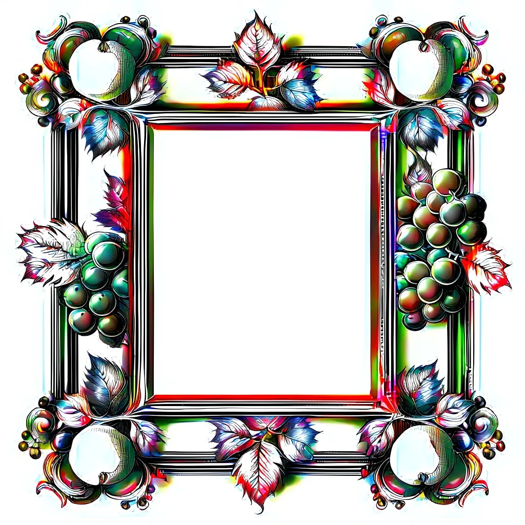 A square frame bordered with grape clusters with a black and white theme