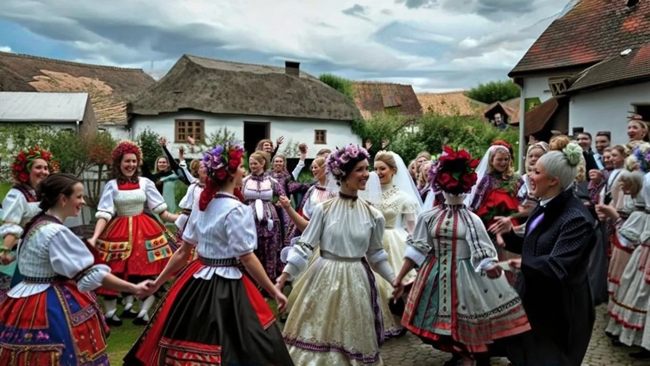 hungarian village wedding, group of women dancing in authentic Hungarian sárköz colorful folk dress with flowers shapes , high realistic, high qulity, detailed, happy, stunning, perfect photo