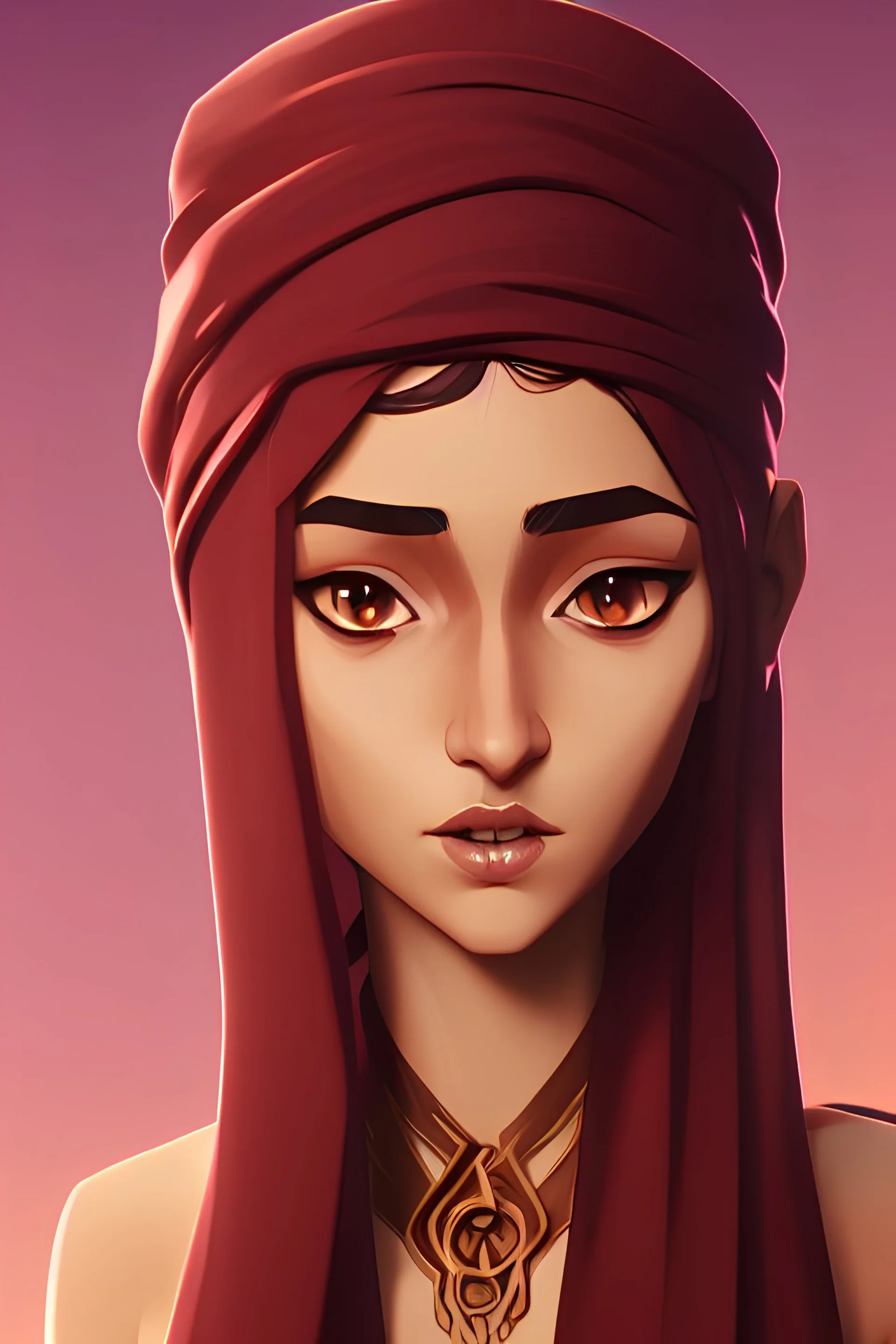 Arab young woman, 20 years, roman nose, slim face, brown eyes, very long smooth hair, wear red dress, smooth white skin, fantasy, turban, happy, facing forward. complete slim body, desert background, at sunset, looks forward, shows all the details of the face.