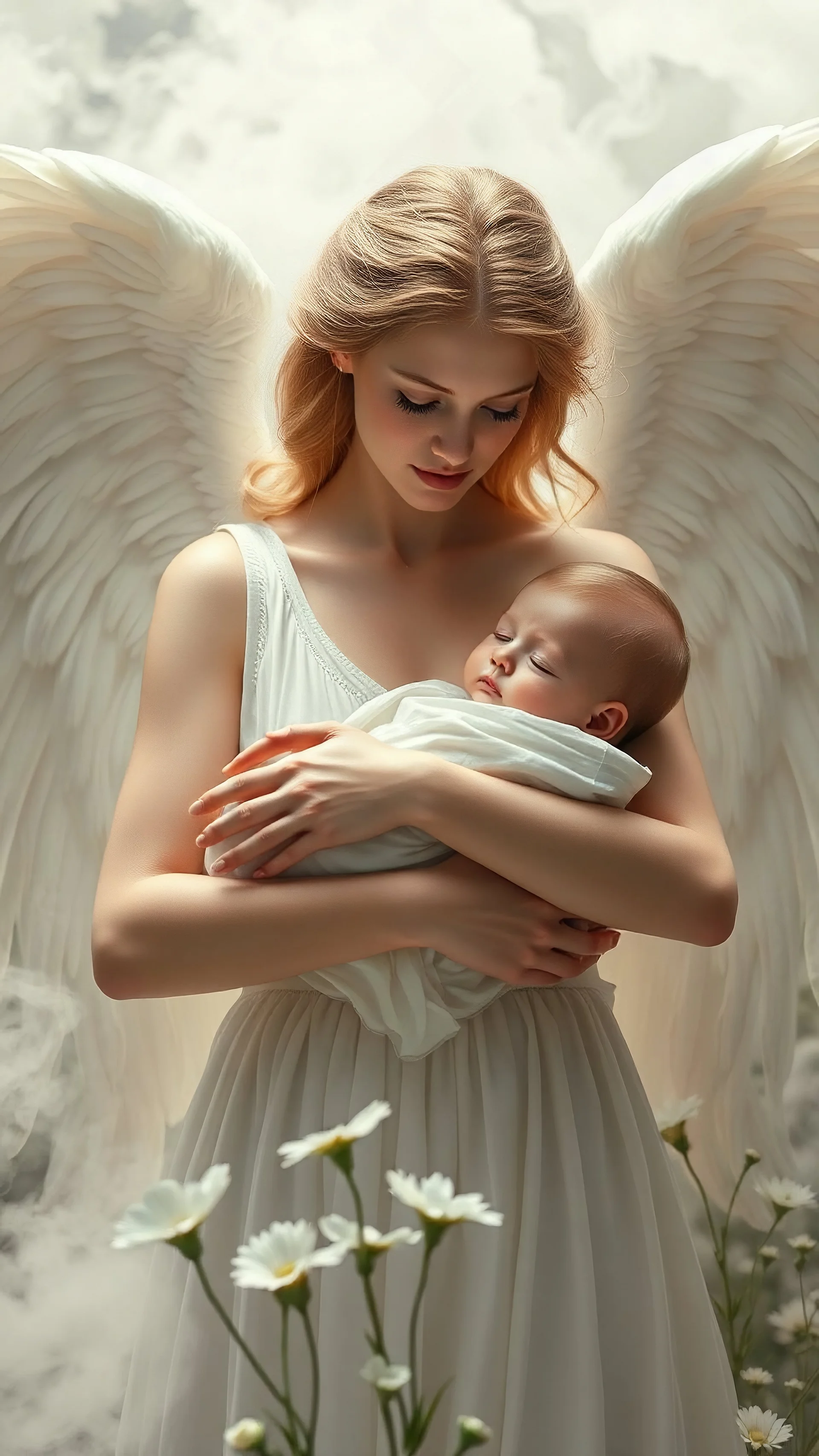 A beautiful female angle all white with wings she has a beautiful sad face carrying a beautiful baby and look at the Baby with love all white form formed from white smoke white flowers and white smokes in the background and in front