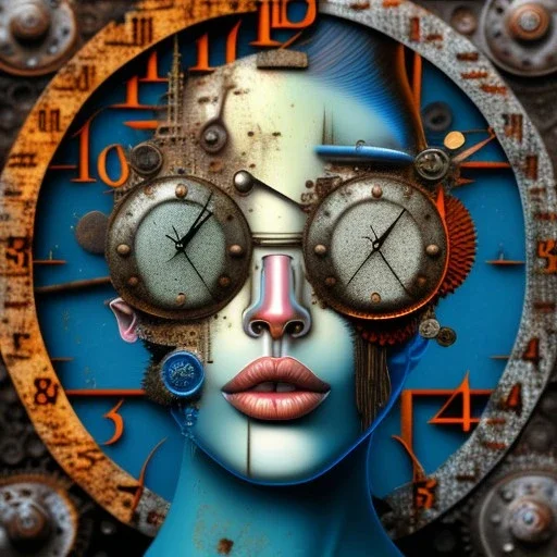 an abstract painting of rusted clocks, by lucian freud, rust, scaffolding, iron cladding, decay, mixed media, textured, anatomically correct, beautiful woman perfect face, blue eyes, sharp focus, highly detailed