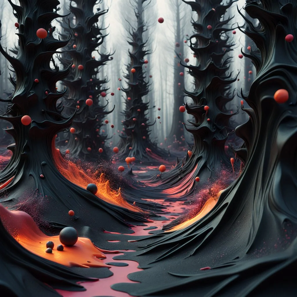 Irregular black spots, 8k, 3d render, Zdenek Burian, melting horror, tridimensional figures, intricate patterns, forest, sinister scribbles, colors, shot on Hasselblad, Yves Tanguy, tragicomic