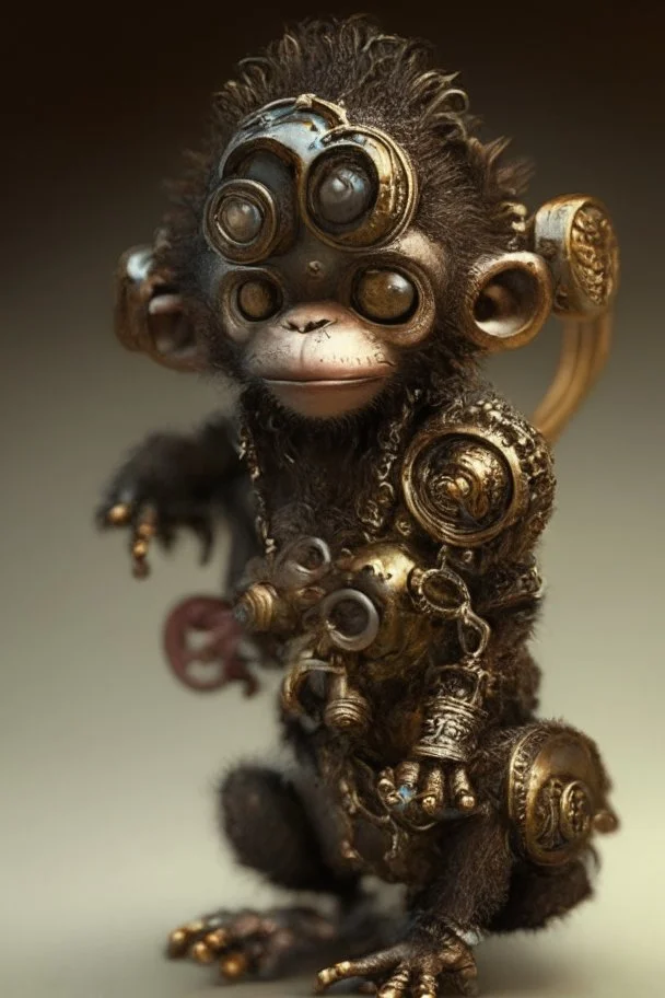 small cute steampunk mechanical monkey, made of metal