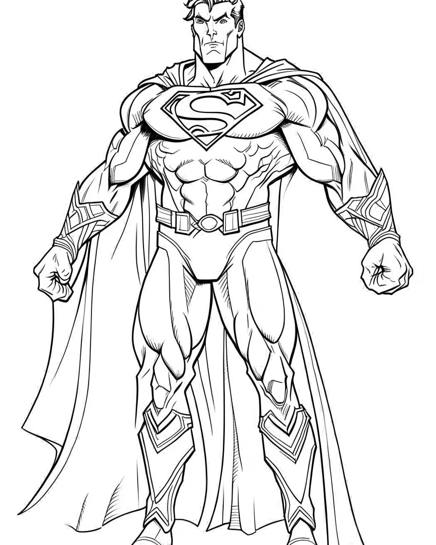 real massive supermanr, coloring page, no leaves, full body (((((white background))))), only use an outline., real style, line art, white color, clean line art, white background, Sketch style