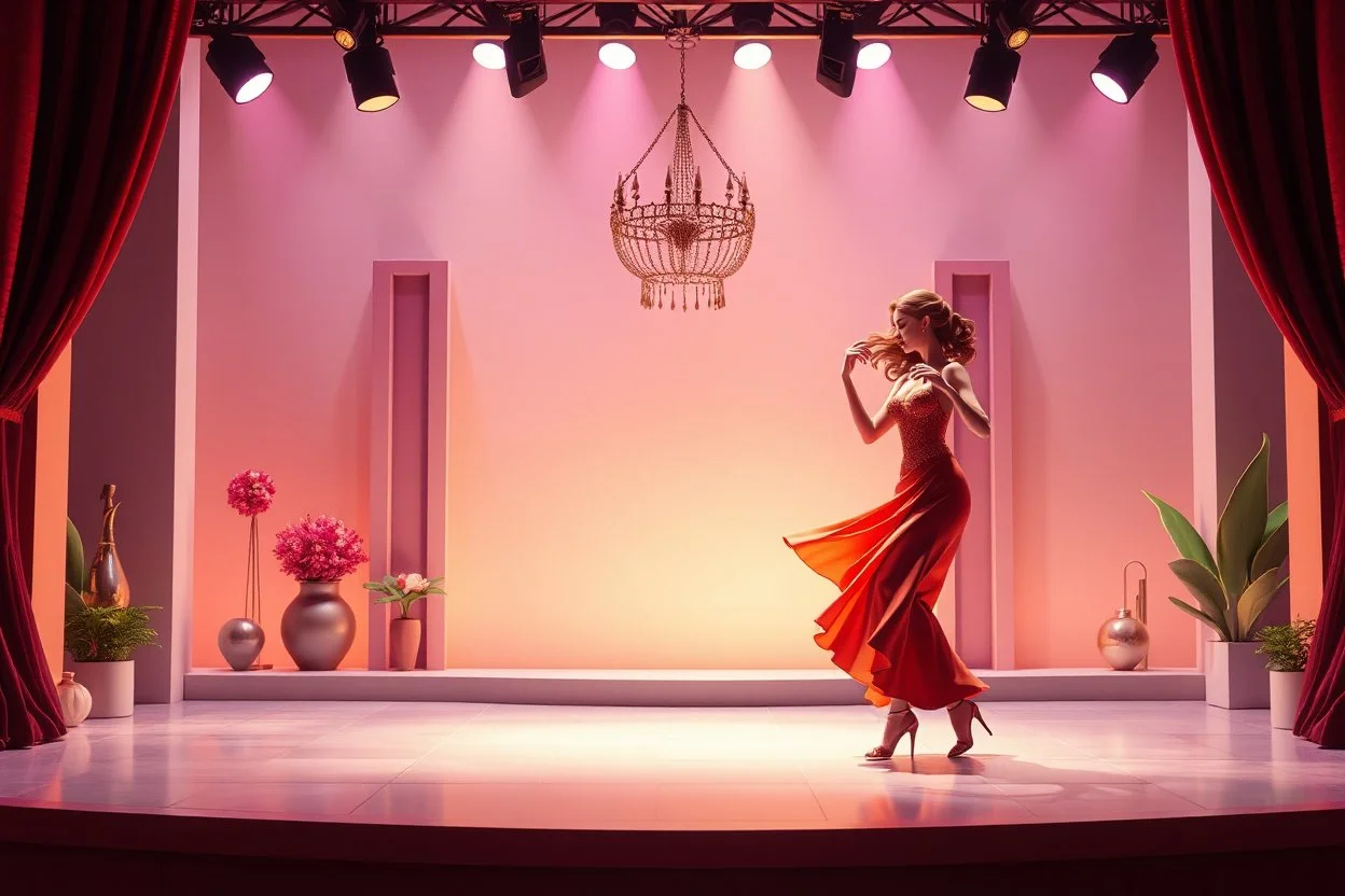 3d recusive stage with modern 3d structre and modern decoration a godoss lady dancing salsa with cute ,the background is evolving and animating