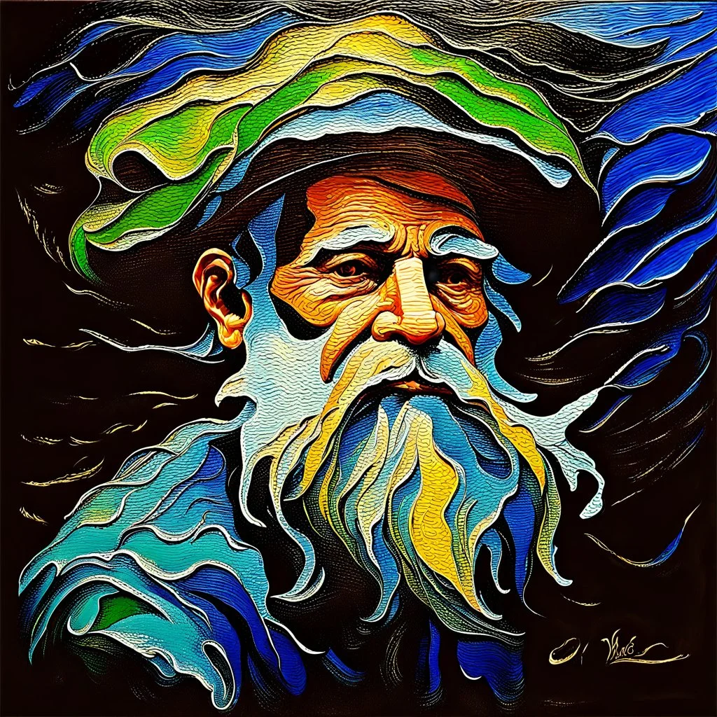 impasto oil painting of an old mariner, thick sculptural brushstrokes, swirling textures, golden beard flowing into stormy ocean, expressive portrait style, vivid ocean blues and greens, emotional and textured, expressionist painting --v 7 --style raw --ar 4:5 --q 2