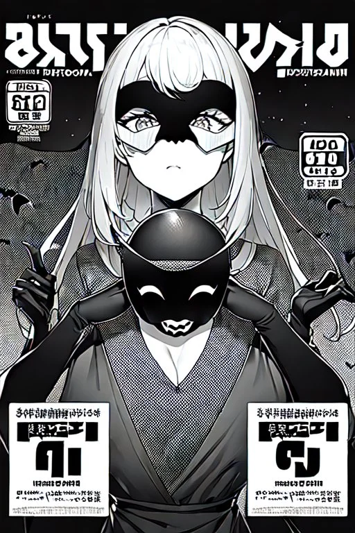 girl with demon mask in the middle of the room, line arts, manga cover, greyscale