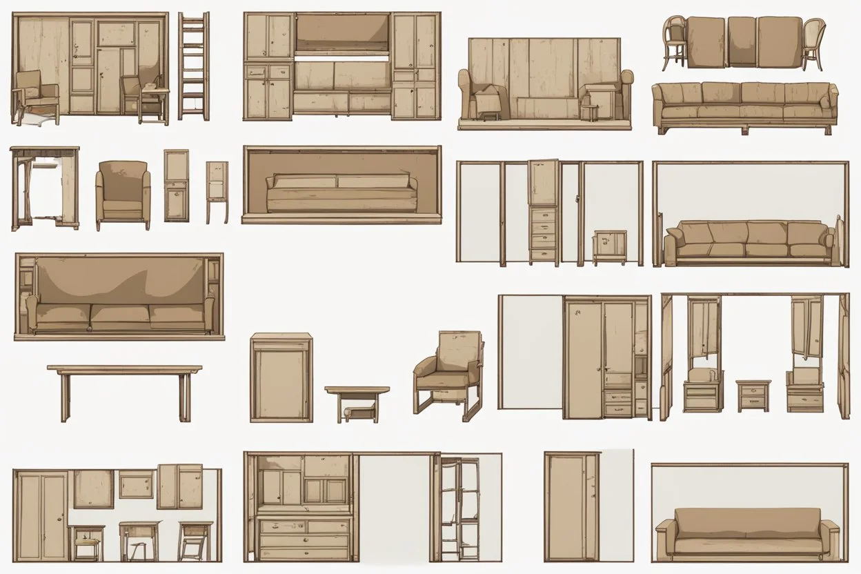 Sprite sheet, furniture, architectural plan, couch, table, chair, top view, dilapidated, post apocalypse,