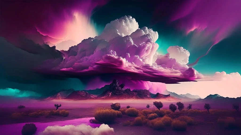 Phantasy landscape with dramatic cloud in tint color