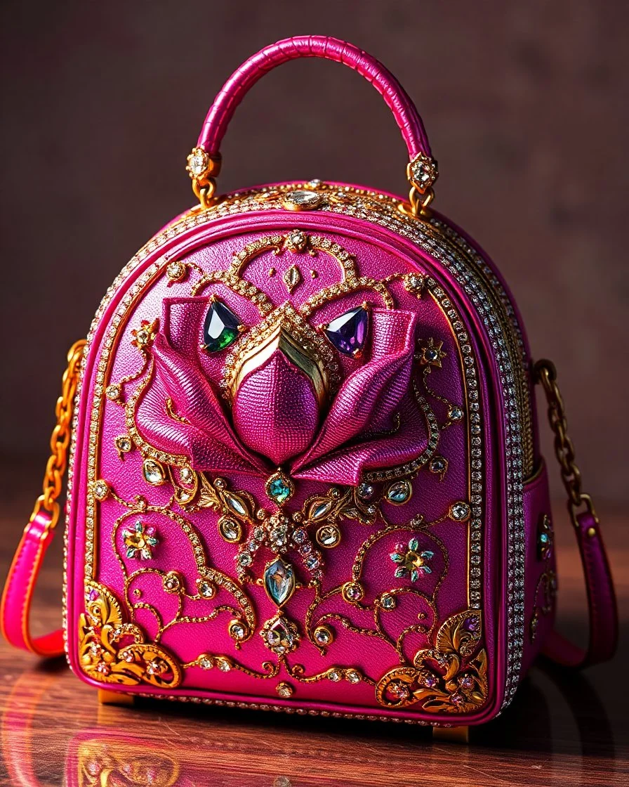 expensive back bag,rich, fantasy, diamond glitter, neon magenta, super realistic, metallic gold decorated with Diamonds and rhinoceros, colorful inset design creates an art deco visual pattern, prismatic crystal glass peony out of the art nouveau space, HD