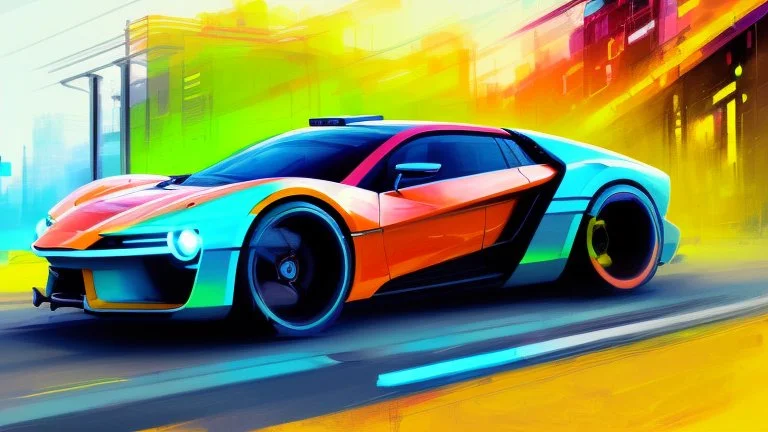 futuristic supercar, hand draw urbansketch art style inspired by Marta Vilarinho de Freitas, flat, vector illustration, urban sketch cyberpunk 2099 blade runner 2049 neon neo-impressionism expressionist style oil painting, smooth post-impressionist impasto acrylic painting, thick layers of colourful textured paint futuristic futurism noir