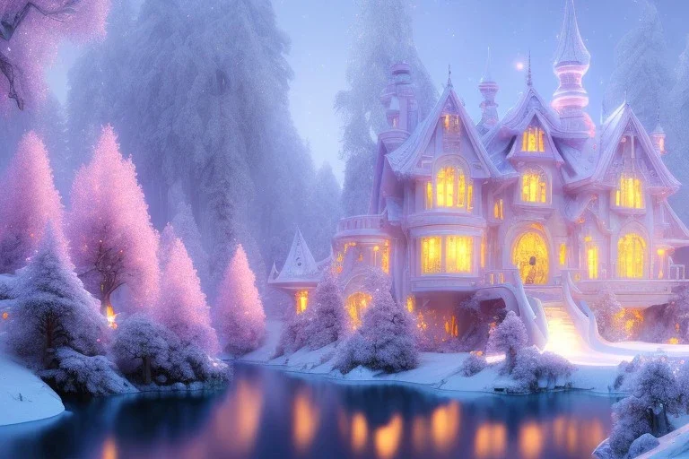 a magical crystal snow pink gold house in the woods, sun,white swanns,pink vertical, blue lake,sharp, vines, candlelit, endor, ornate, elegant, highly detailed, artstation, concept art, smooth, sharp focus, illustration, 8k, splash art, wallpaper, key visual