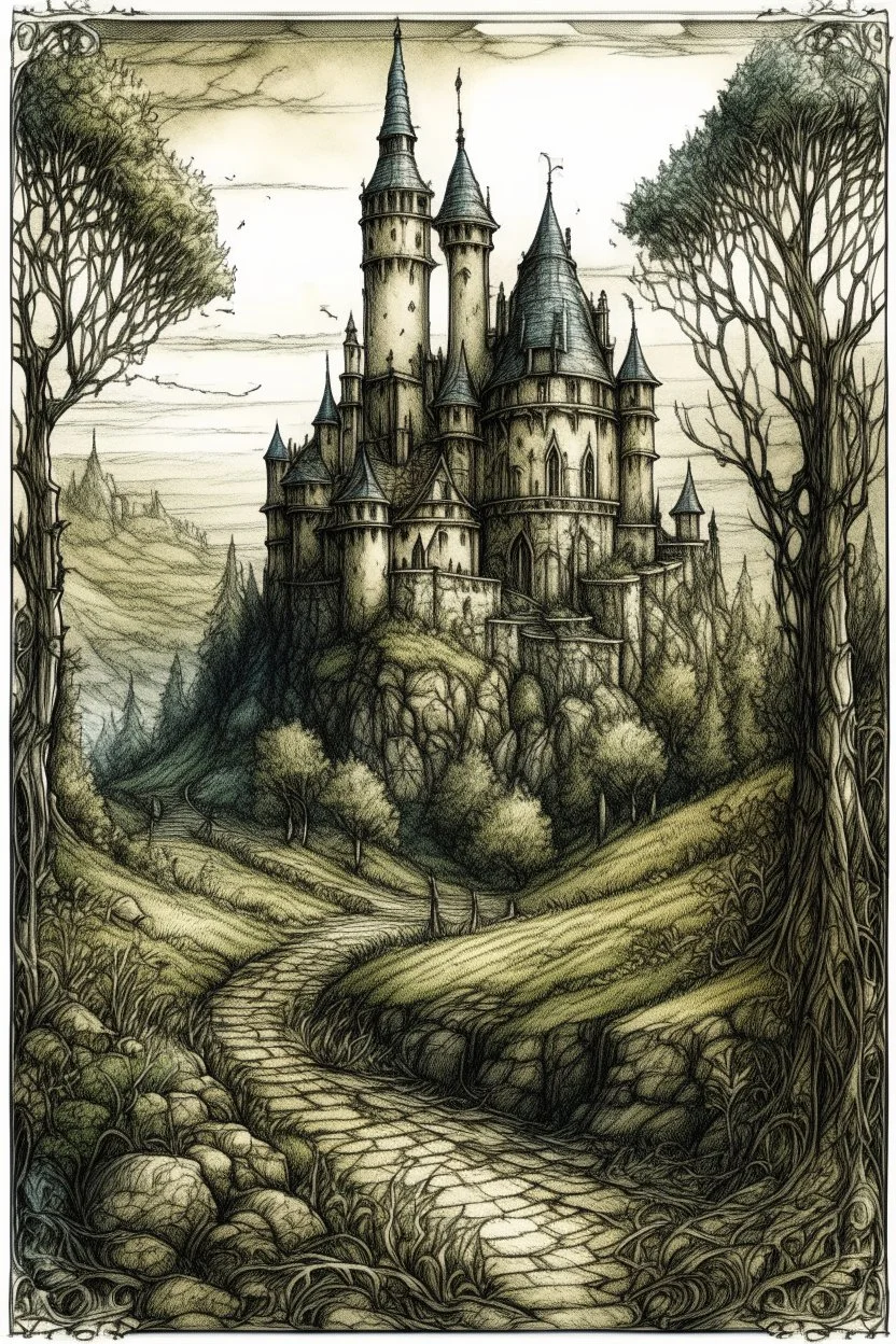 Create an intricate hyper-realistic ancient veduta signature pen and ink drawing of tranquil landscape with abandoned castle. The drawing features meticulously detailed strokes that capture the delicate beauty and soft lighting of the scene.The detailed illustration captures a peaceful atmosphere with a harmonious blend of vivid colors and textures, creating a soothing and immersive experience for the viewer,