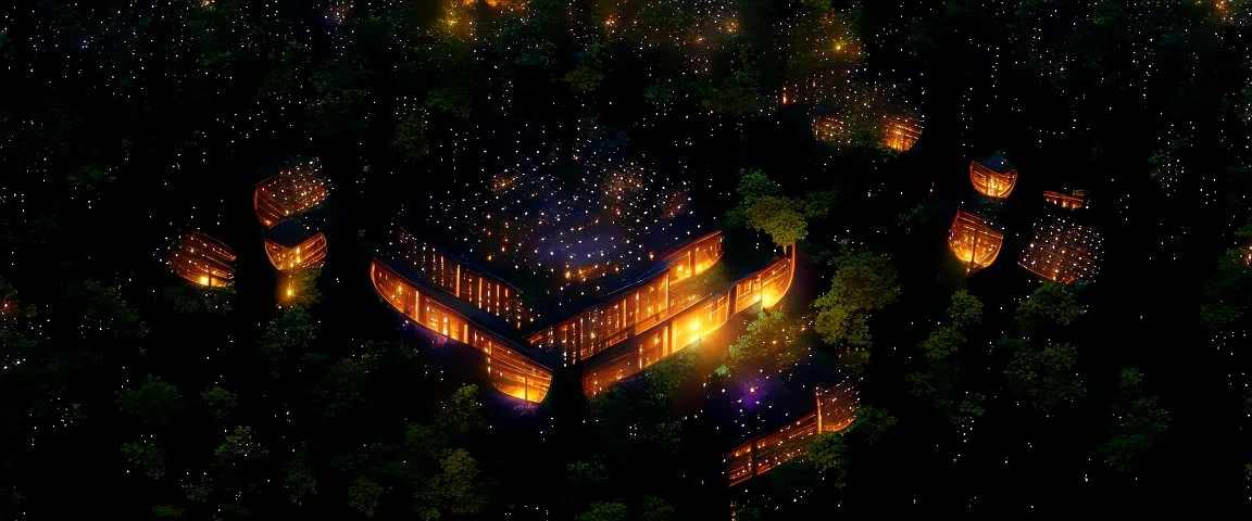 top view a open top huge library in forest with mystic fireflies and orange mystic lights around trees that have wide leaves and broad trunked at night.