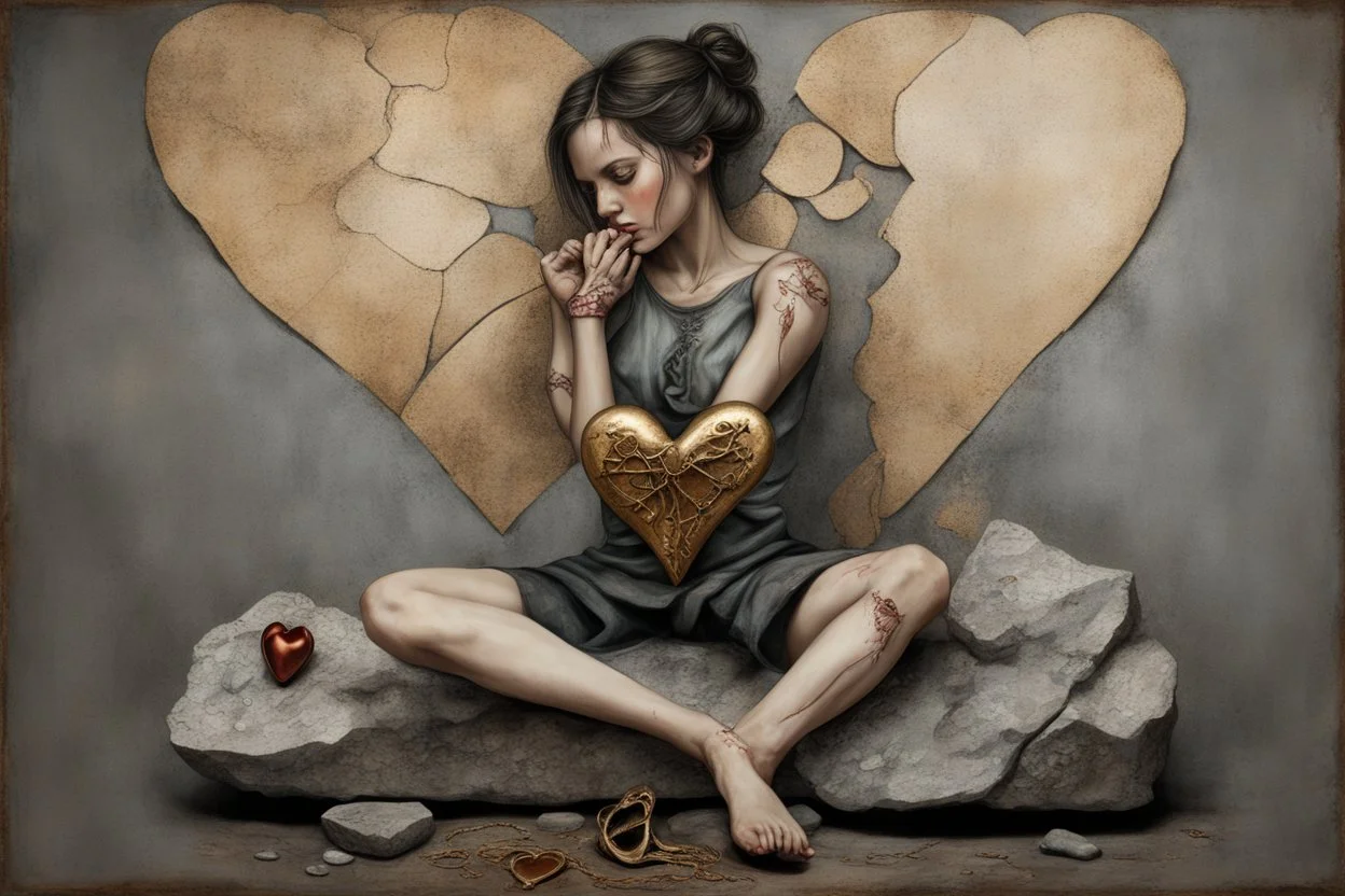 A sad and broken beautiful young woman is sitting on a stone holding a broken metal heart in her hands; perfect anatomically correct hands, perfect anatomically correct feet, mixed media collage, textured, layered, assemblage, inspired by Brian Viveros and Esao Andrews, elements of kintsugi on the edges of the heart with a gold and oxidized copper patina, backdrop of tumbleweeds and cacti interspersed with delicate flowers and subtle bokeh effects, the entire composition exuding an aura of grief