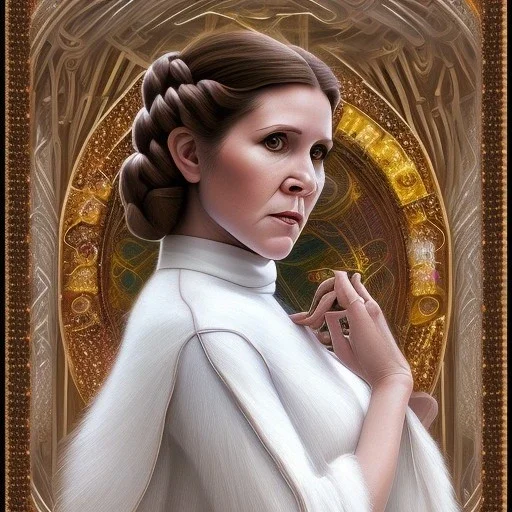 hyperspace background, complete and photo realistic detailed head to waist stunning photo realistic portrait of carrie fisher as Princess Leia in star wars with photo realistic minimal updo hair by Mandy Jurgens and mucha and Richard Schmid and chuck close and chie yoshii, extraordinary and detailed ceremony dress of star wars,brown eyes