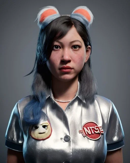 Portrait, waitress woman with monster muppet mask that covers her entire head, retro style, Asian, Sesame Street style, silver, smooth, unreal engine 5, god lights, ray tracing, RTX, lumen lighting, ultra detail, volumetric lighting, 3d.