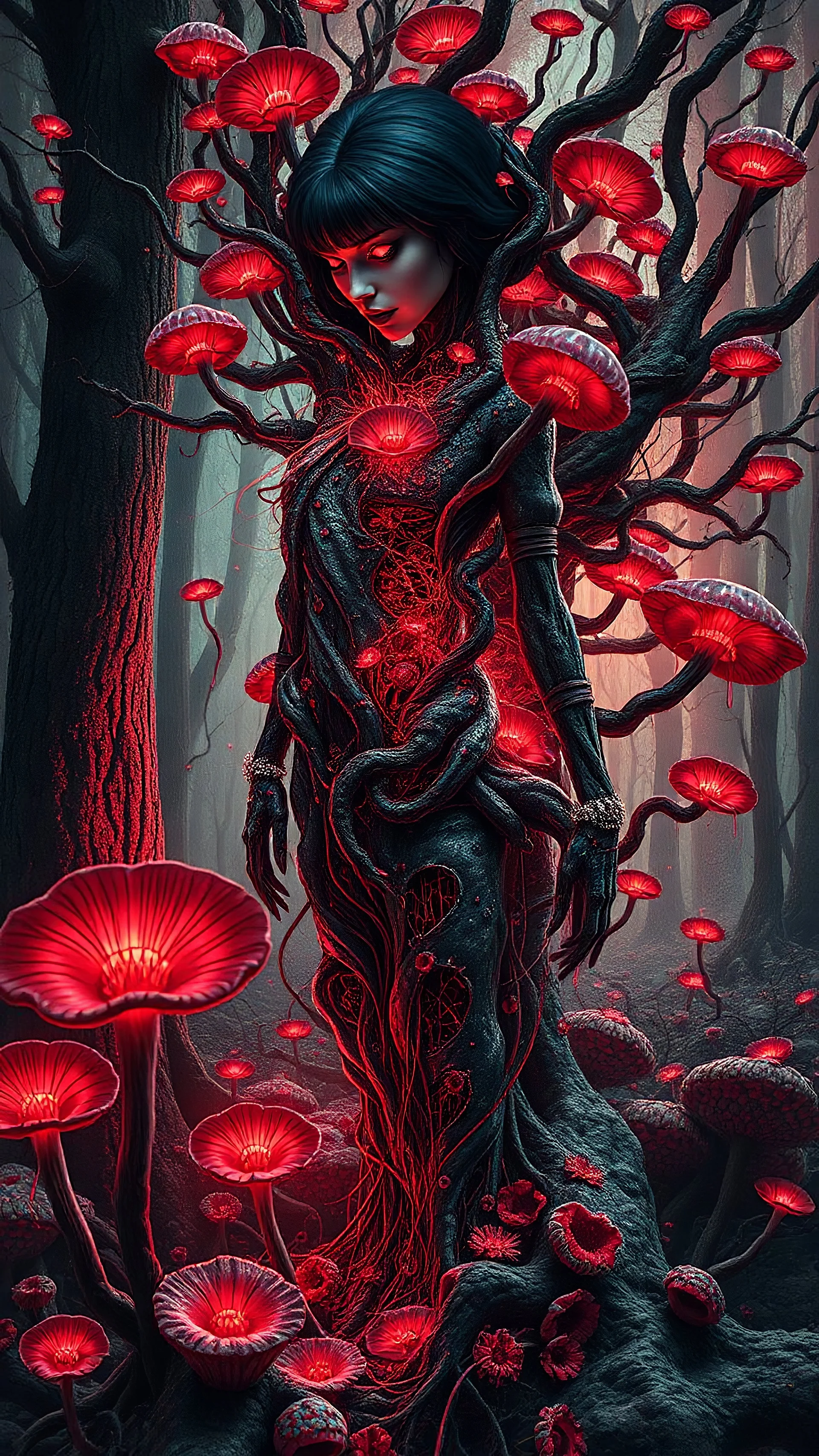 Quintessential Horror Surrealism:A woman Gothic cyber-surreal figure's form undergoes catastrophic dimensional fission through Seedream 3D recursive rendering, fracturing into chaos Legion Doodle simultaneous nightmare realities while simultaneously occupying four perforated reality levels—manifests as a blood-drenched forest where trees weep crimson sap and bioluminescent fungi pulse with recursive Fibonacci patterns, surrounded by carnivorous flowers with fanged mouths dripping neon venom; mat
