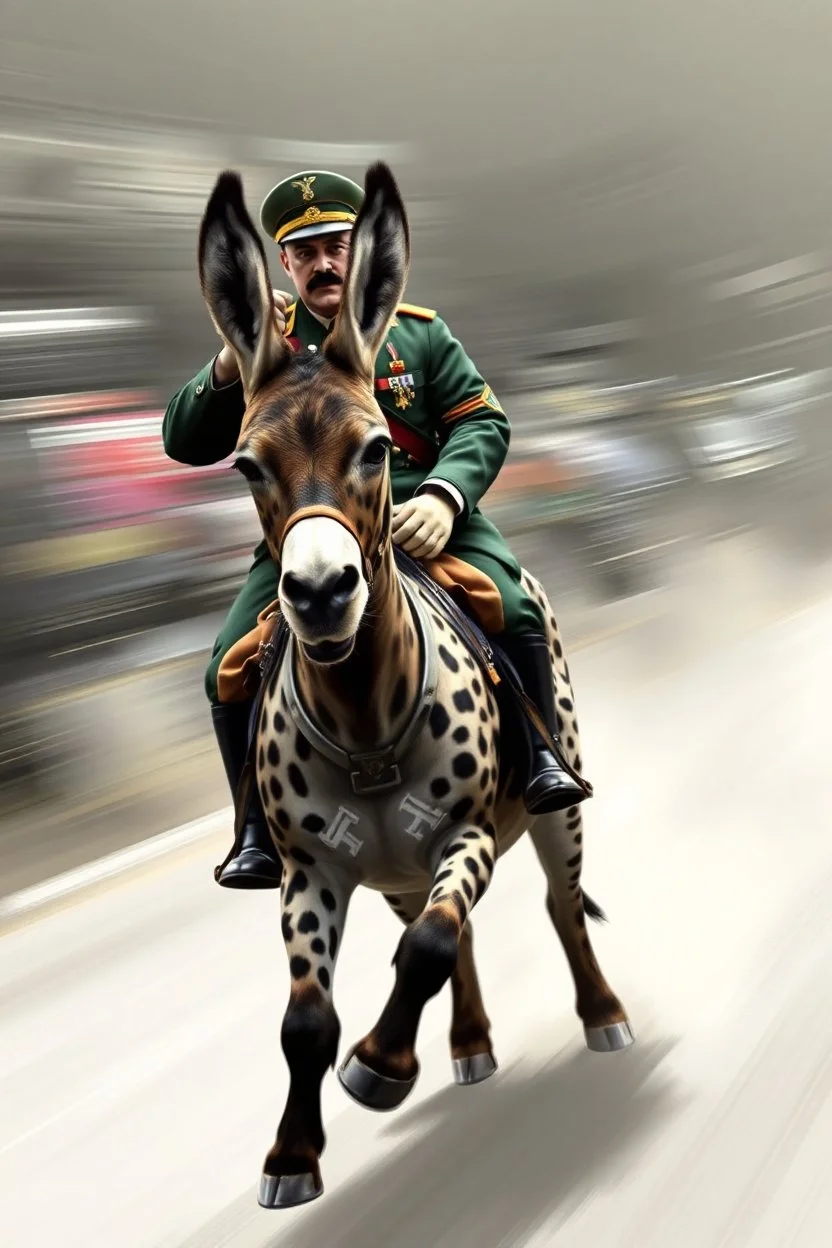 mexican general Hitler on fast cheetah dog donkey, airbrush and pen outline, motion blurred background