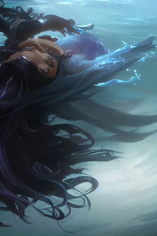 a beautiful woman, long curly black hair,closed eyes,coming from beneath the water,braking the surface with her face just coming out the water,looking up symbolism for breaking free. realistic,8k quality, action close shot from areal view,highly detailed , chaos 80