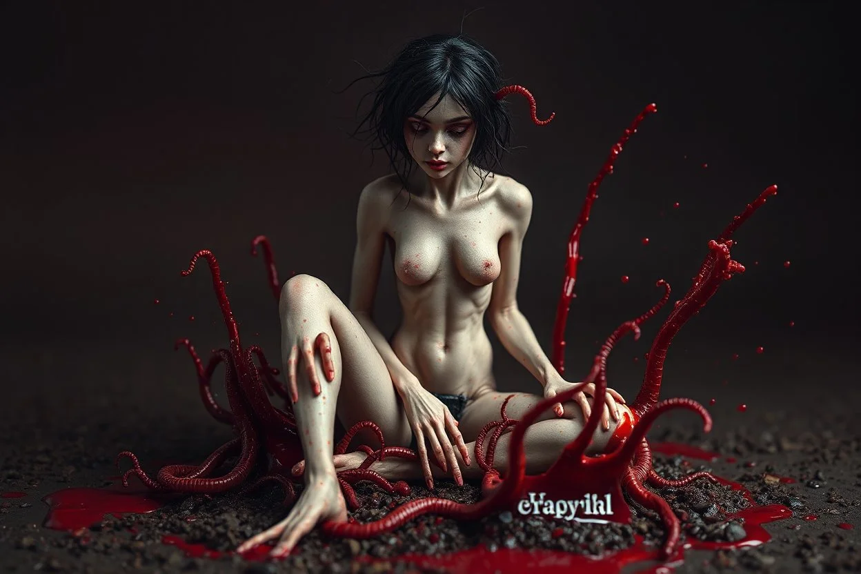 Petit weird woman with many worms from his body, sit pose, fullbody, splashes blood, behind guts rising from the ground, darkred tones, macro photography,