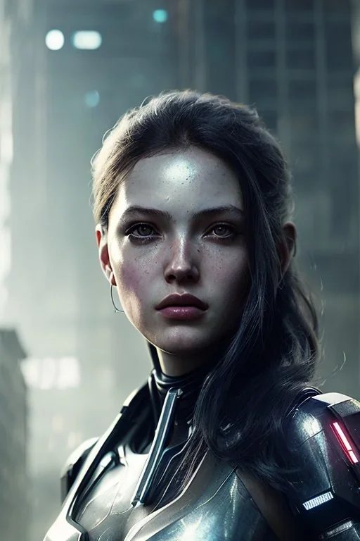 portrait,beautiful girl robot, post-apocalyptic in a cyberpunk city, realistic, intriacte detail, sci-fi fantasy style, volumetric lighting, particales,highly detailed,cinamatic, deep