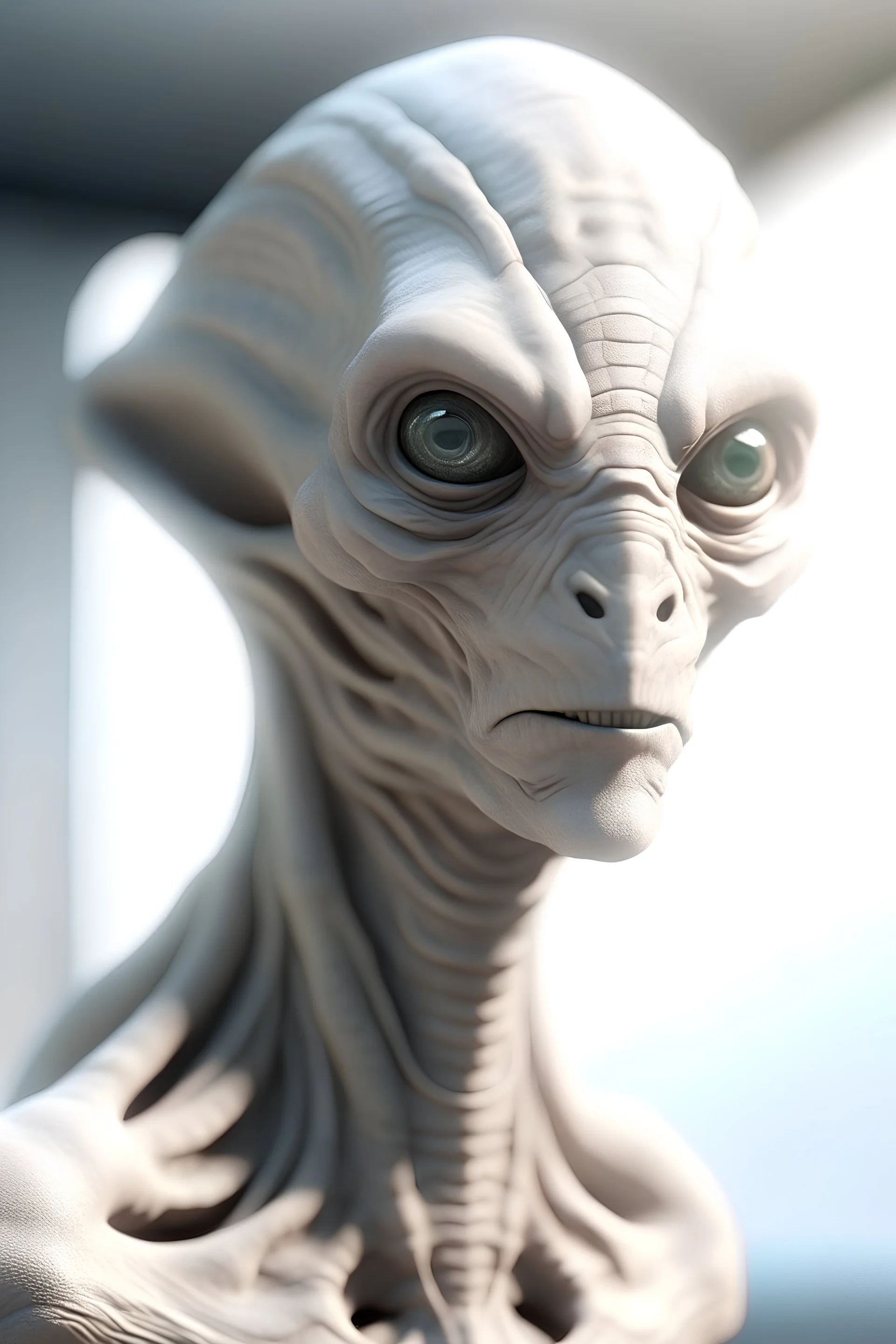 god next to an alien, photorealistic, 4k, head and shoulder view, , soft white lighting from front