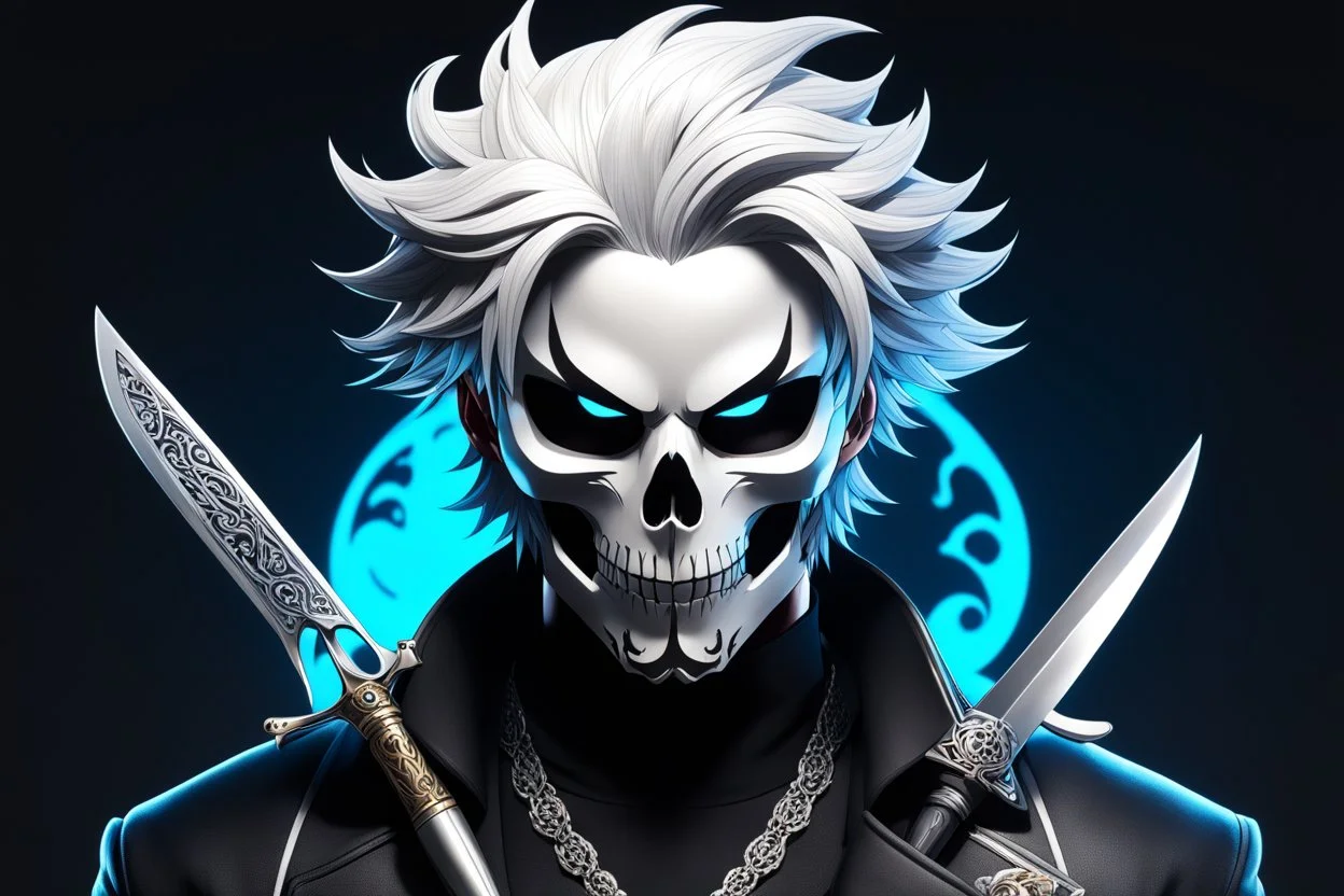 Logo skull, man hair , scissors, mask, cover face in 8k solo leveling shadow artist dynamic pose, oshare kei, hurufiyya, rtx, intricate details, highly detailed, high details, detailed portrait, masterpiece,ultra detailed, ultra quality