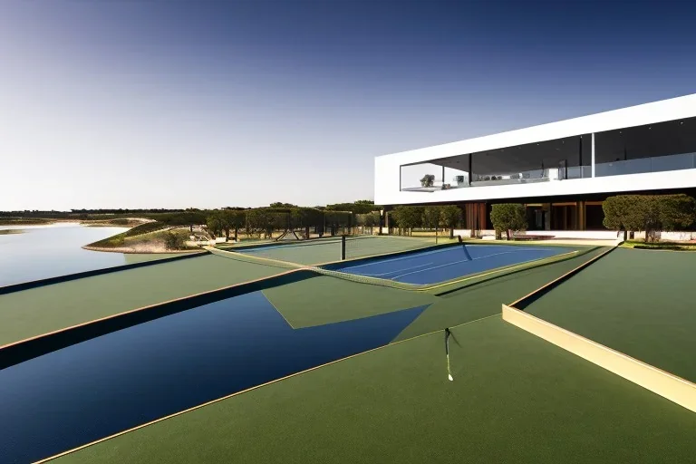 algarve in quinta do lago, one straight line building of 250 meters long pool of a modern luxury architecture with wood and gold metallic pergolas with pool on rooftop, overlooking a tennis and padel sport facility, on a slope with pinus pinea, a road wrap around for low speed veicular road