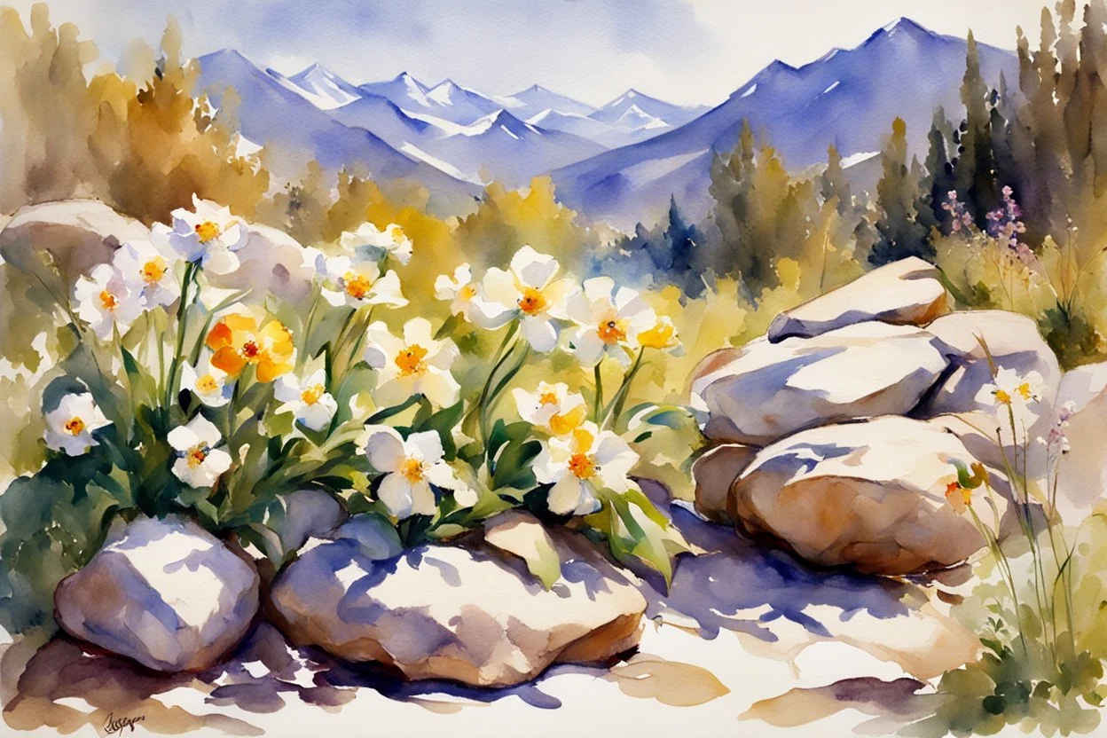 Sunny day, rocks, flowers, spring, mountains, epic, john singer sargent watercolor paintings