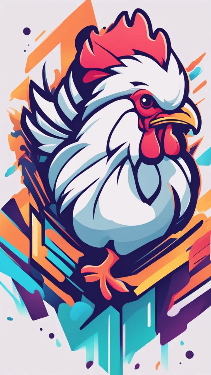 Design a vibrant, gaming-influenced logo of a chicken, featuring bright colors and a dynamic lighting scheme. Incorporate abstract shapes and textures to create an eye-catching composition.