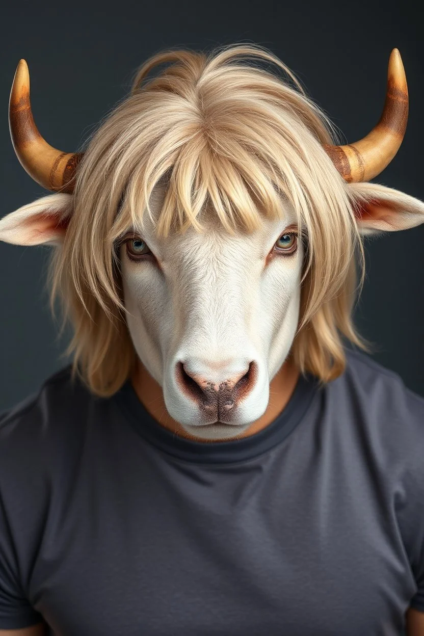 A portrait of an attractive stern ox bison sheep with wig, shoulder-length blond hair tied in a tight knot, pale skin,light green eyes, muscular build, wearing grey t-shirt