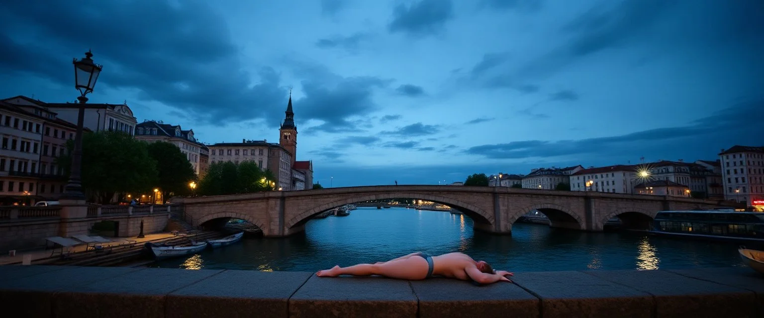 sleep matters in swimsuit on stone bridge