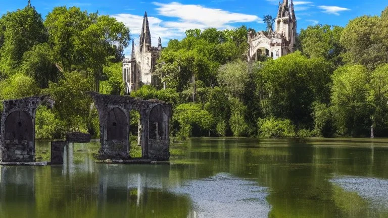 A ruined gothic stone building in a lake, balconies, verandas, arches, bridges, spires, stairs, trees, dense foliage, spanish moss, ivy, blue sky, white clouds