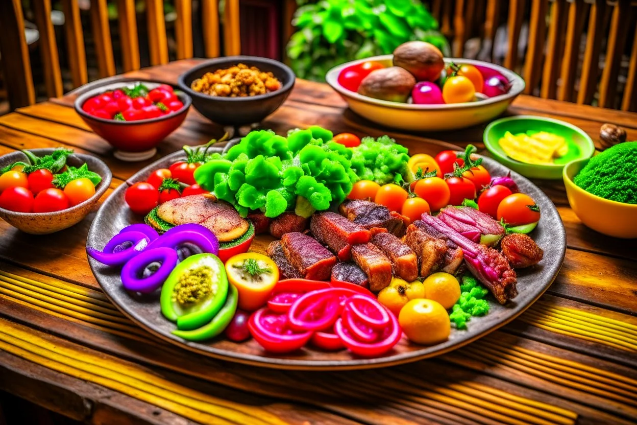 The picture shows a tasty and enticing dish containing a variety of tasty and colorful foods. The foods include perfectly grilled meat slices and crispy fresh vegetables pulsating with colors and flavors. The background shows a simple wooden table and a warm climate that feels comfortable and enjoyable to the eating experience.