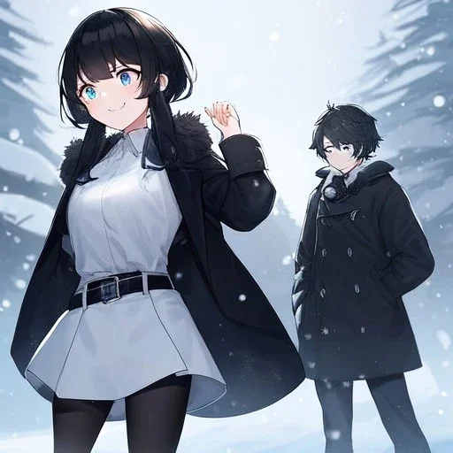 Clear focus, High resolution, black short fluffy hair, long locks, smiling, wearing a black coat and a white short skirt with black leggings on, wearing a white shirt, wearing a grey belt, looking confused, snow in the background, blue sparkling eyes