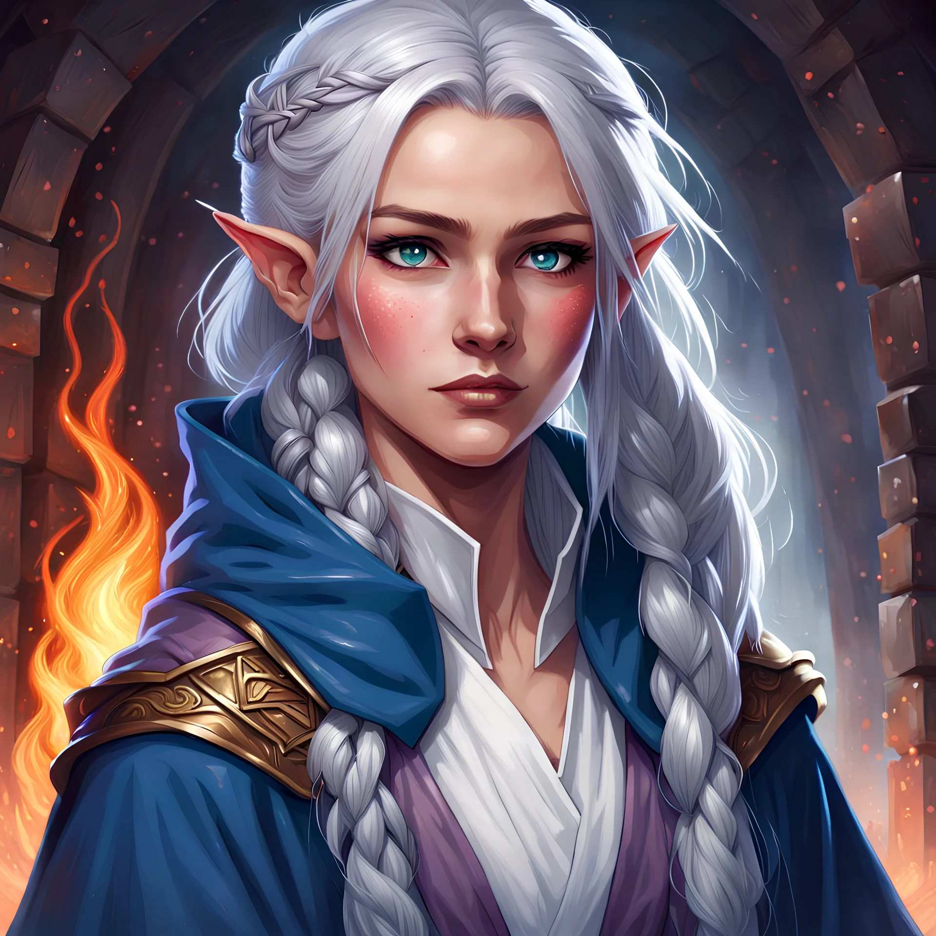 dungeons & dragons; portrait; teenager; female; sorcerer; dragonic bloodline; braided silver hair; blue eyes; cloak; flowing robes; shy; blushing; school uniform