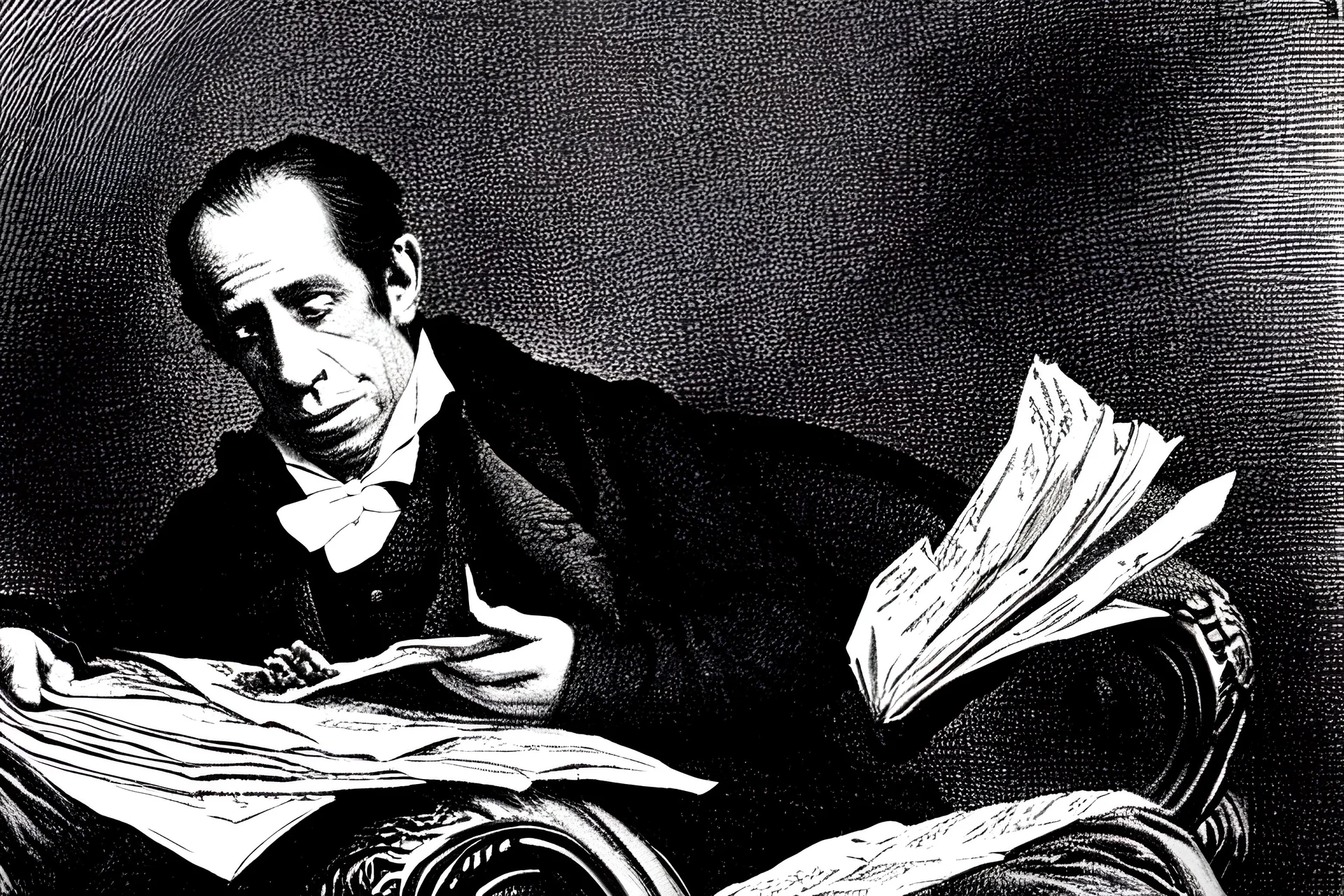 victorian clothed humprey bogart reading a pile of papers in a victorian armchair, hyper detailed, realist, awesome, chiaroscuro, high contrast, black and white, quill pen, gustave dorè style