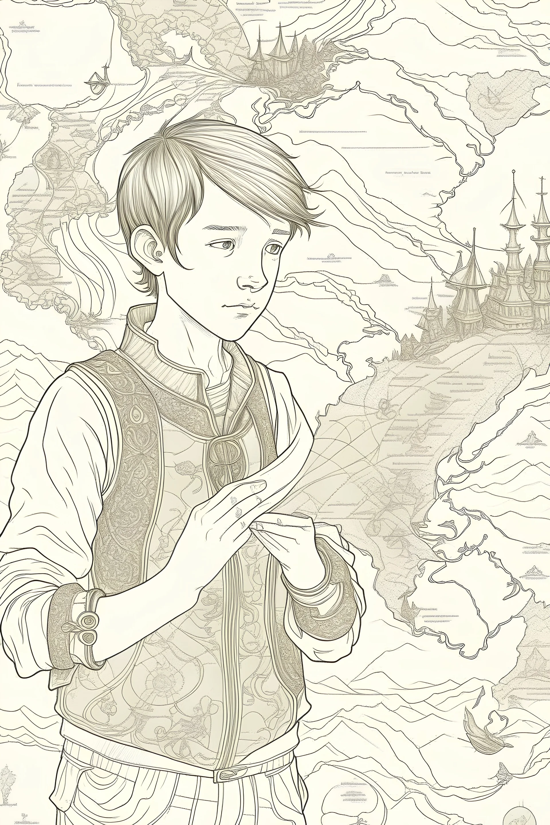 Generate an outline image of a young boy named Alex holding a weathered map with intricate details. The style should be realistic fantasy animation for teenagers. The background should be white, and the lines should be clean and well-defined. The map should feature fantasy elements like dragons, castles, and magical symbols, all outlined in a detailed and precise manner. No shadows