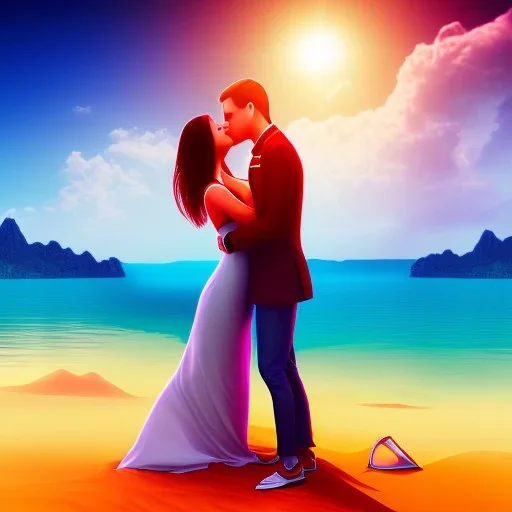 2 lovers last kiss in sand island with tent and river background