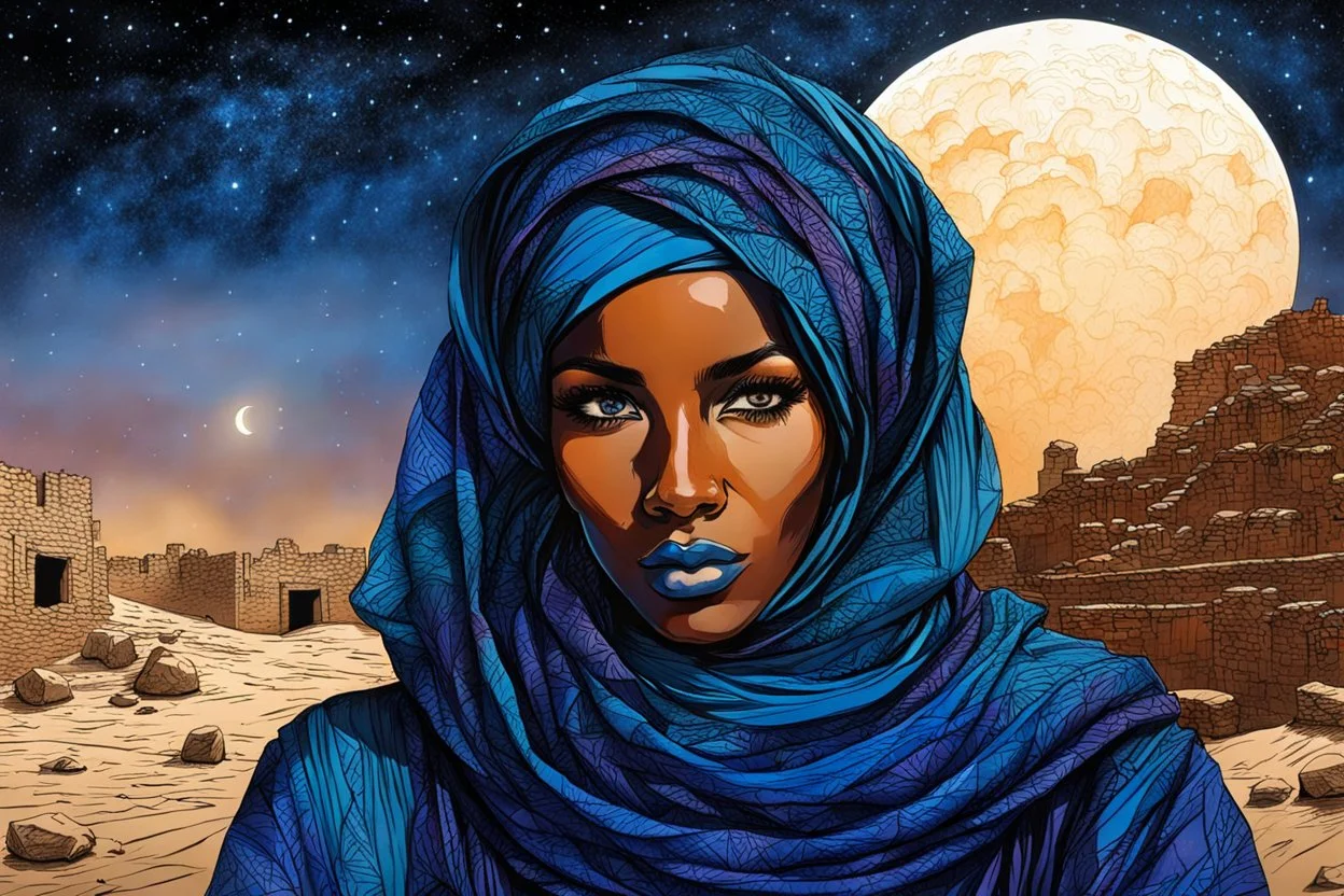 create an imaginative drawing of a Tuareg female, in traditional dress, with finely detailed facial features, in the ruins of Djado under the midnight sky, in the dynamic action style of, Burne Hogarth, finely textured, drawn, colored, and inked