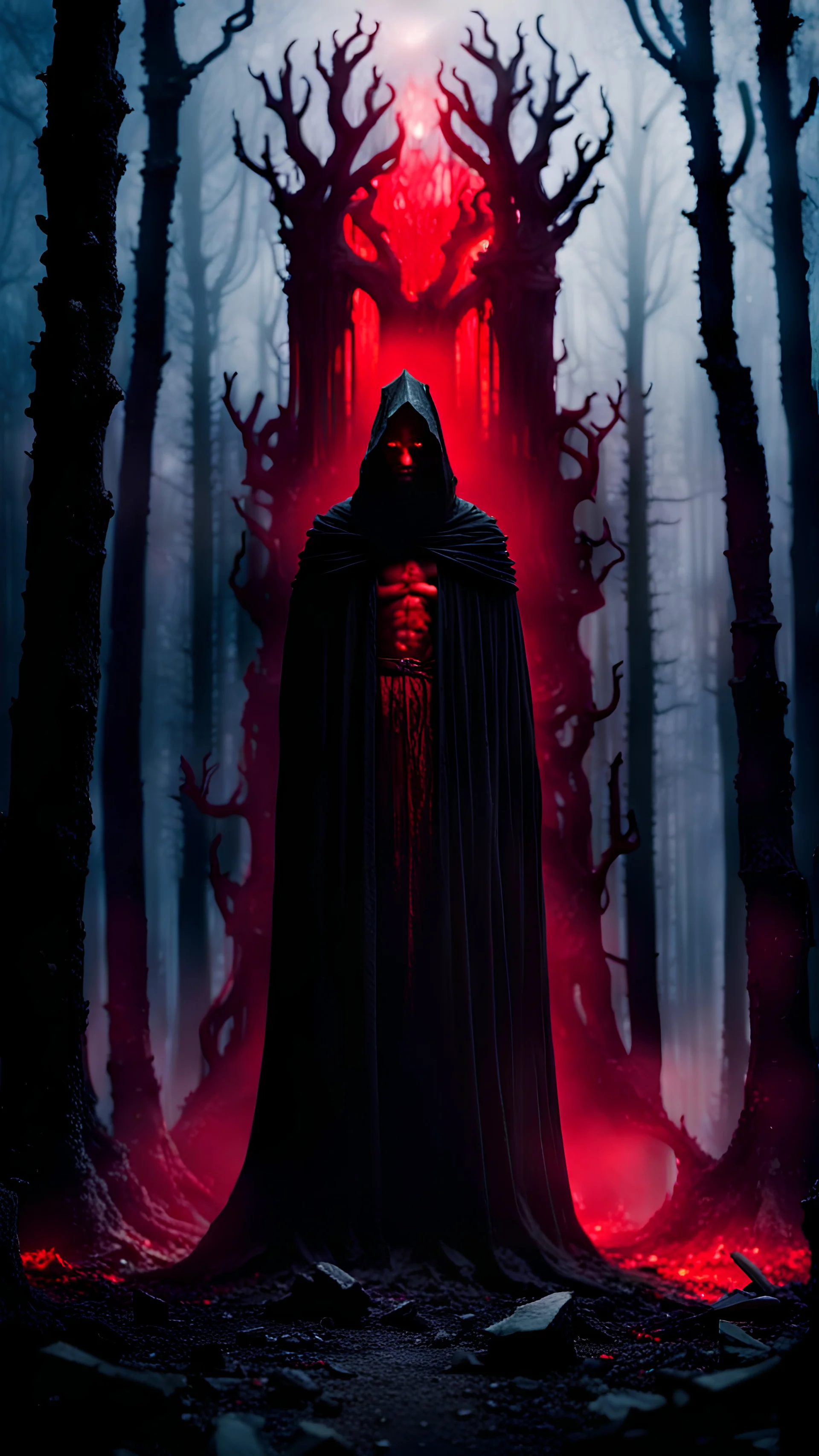 In the center of the dark dead forest epic stands an tall figure in black mantle without face, ancient altar of the dead, from which red mist emanates, horror film style